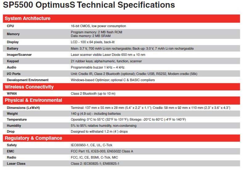 OptimusS Specifications